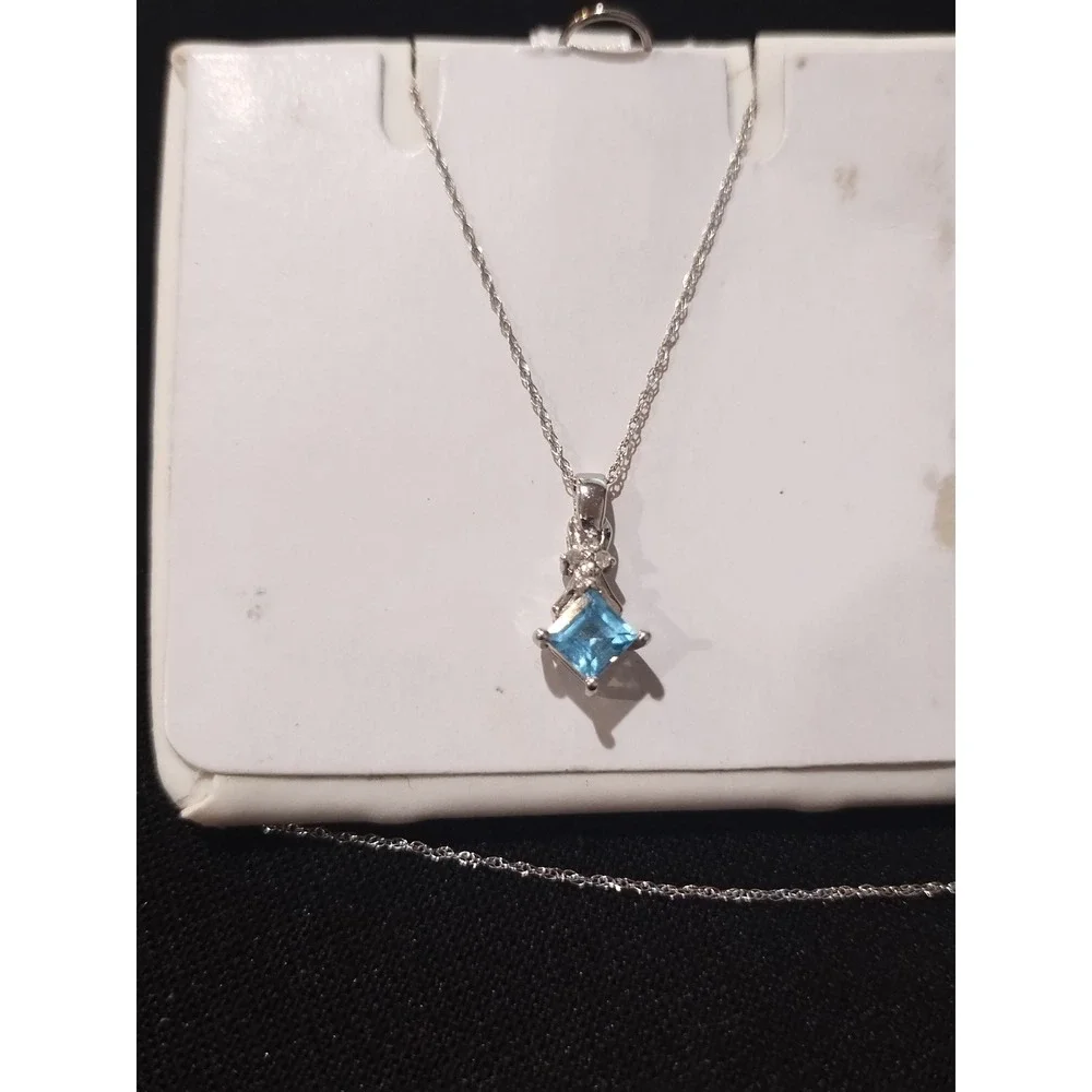 10K White Gold Blue Topaz Diamond Accent Princess Cut Pendant Necklace 18